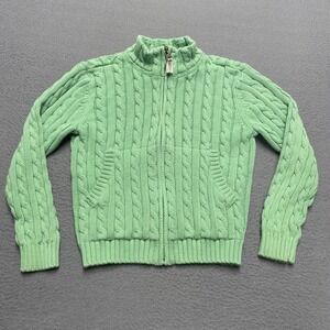 VTG L.L.Bean Sweater Girls 8 Green Cable Knit Full Zip Mock Neck Pockets‎ 90s